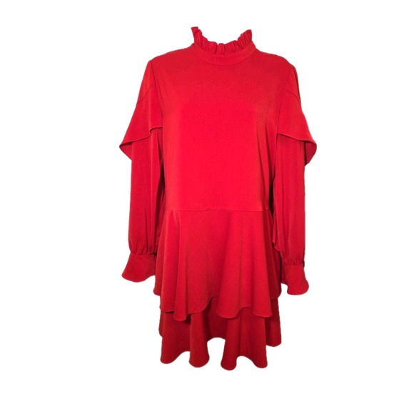 JOVANNA London Red Ruffle Mini Dress Long Sleeve HIgh Neck Women's Size 6 - Picture 2 of 10